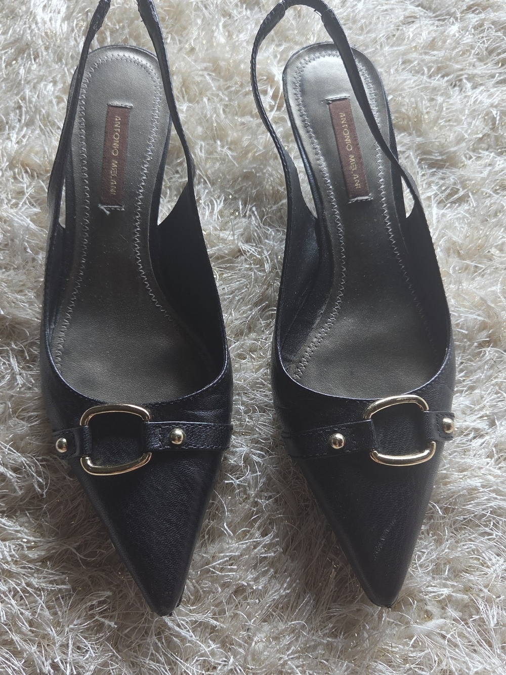 Antonio Melani Black Pointed Slingback Kitten Heels with Gold Buckle 6 1/2 Y2k